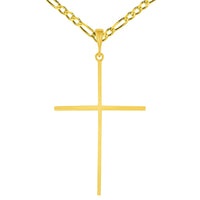 Load image into Gallery viewer, 14k Solid Yellow Gold Large Slender Cross Pendant with Rolo Figaro Chain Necklace (1.25 Inch Height)
