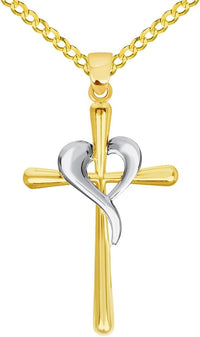 14k Two Tone Gold Religious Cross and Heart Pendant Necklaces