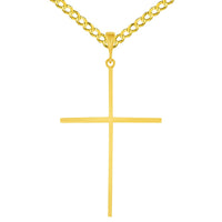 Load image into Gallery viewer, 14k Solid Yellow Gold Large Slender Cross Pendant with Rolo Curb Chain Necklace (1.25 Inch Height)
