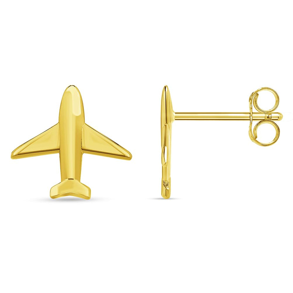 Solid 14k Yellow Gold Airplane Jet Aircraft Stud Earrings with Push Back