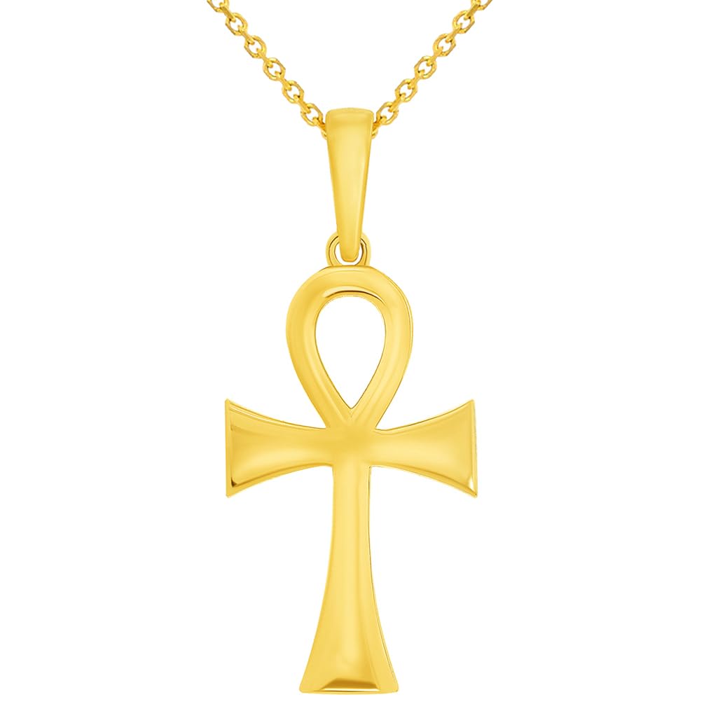 Jewelry America Polished 14k Yellow Gold 1.3 Inch Classic Egyptian Ankh Cross Pendant with Cable Chain Necklaces