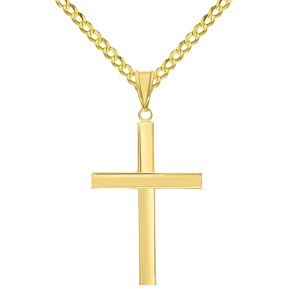 High Polish 14k Yellow Gold Beveled Edge Religious Plain Cross Pendant Cuban Curb Chain Necklace