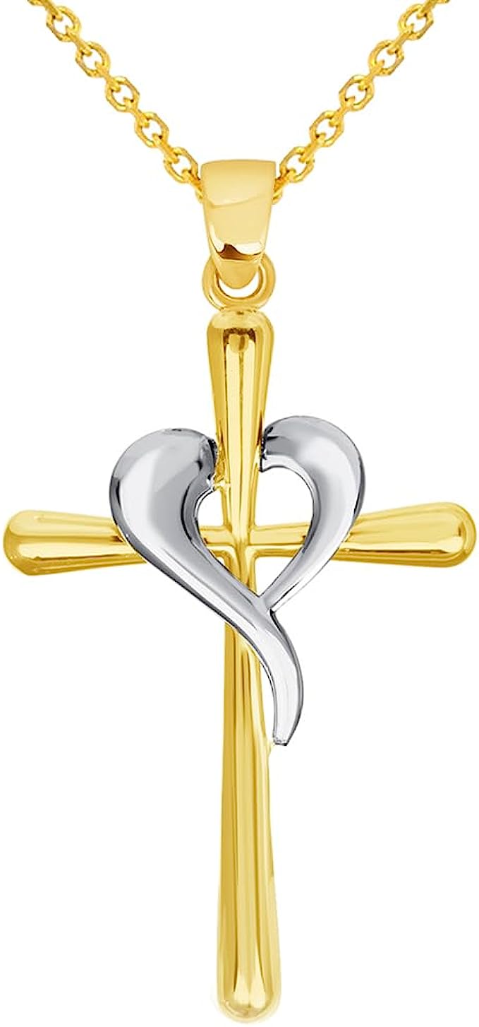 Jewelry America 14k Two-Tone Gold Religious Cross and Heart Pendant with Cable Chain Necklaces