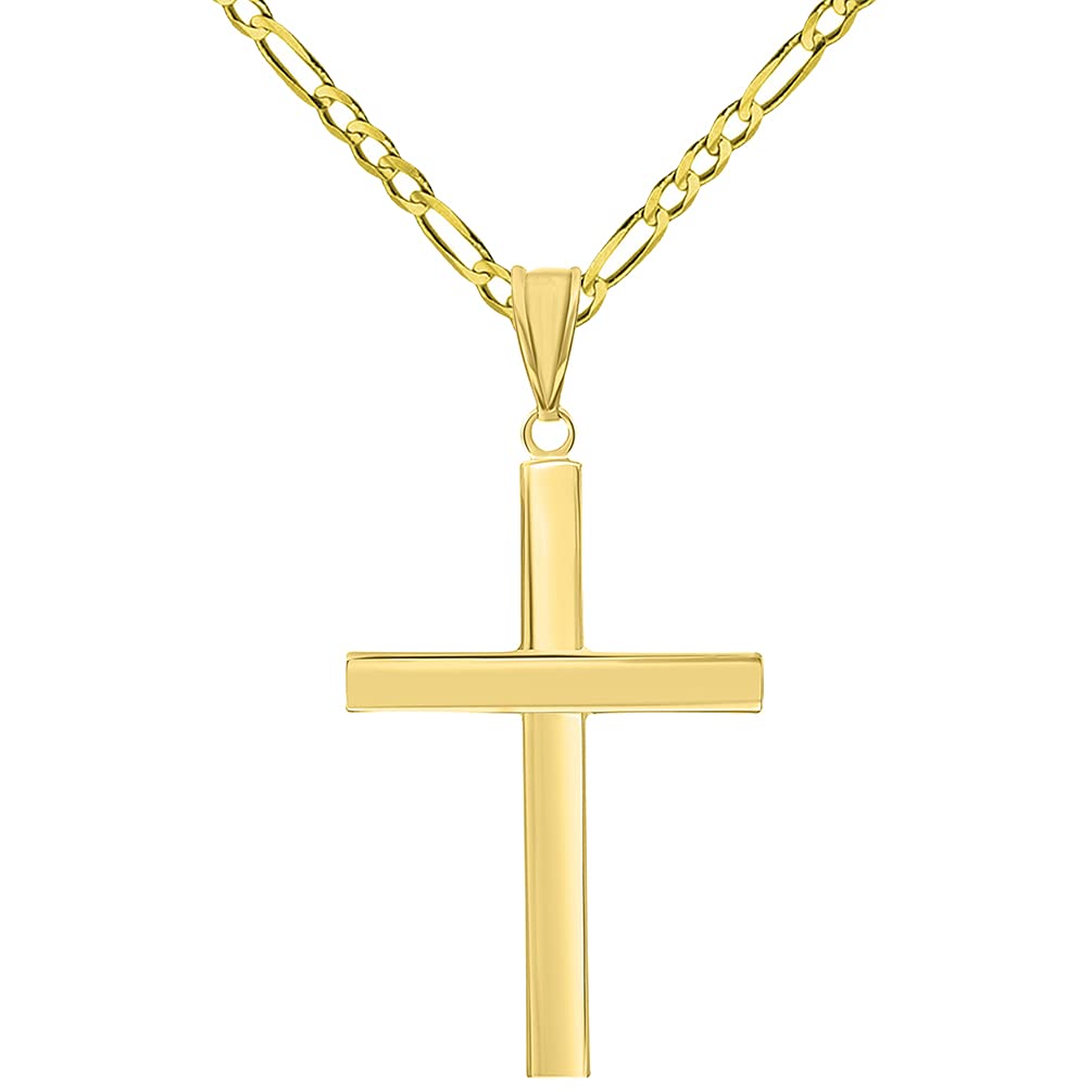 High Polish 14k Yellow Gold Beveled Edge Religious Plain Cross Pendant Figaro Chain Necklace