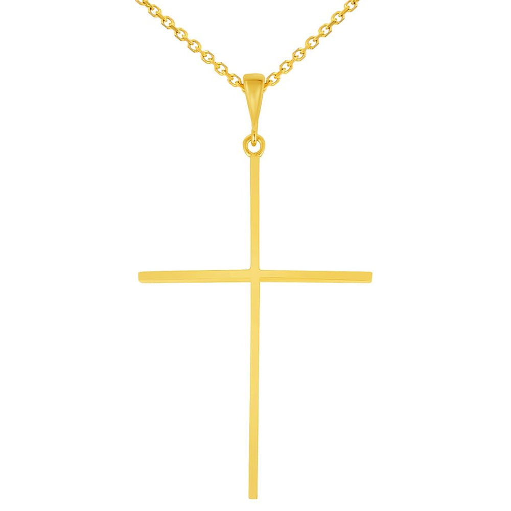 14k Solid Yellow Gold Large Slender Cross Pendant with Rolo Cable Chain Necklace (1.25 Inch Height)