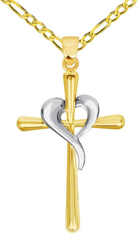 Load image into Gallery viewer, Jewelry America 14k Two-Tone Gold Religious Cross and Heart Pendant with Figaro Chain Necklaces
