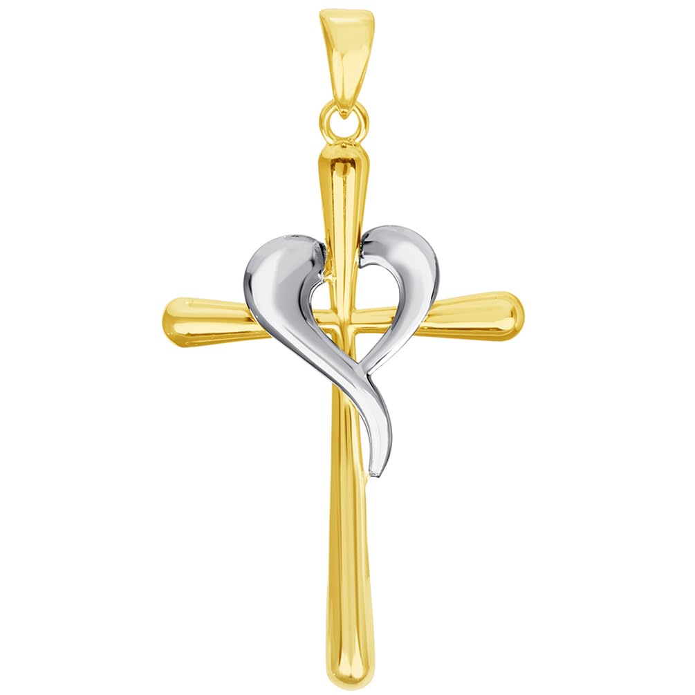 14k Two-Tone Gold Religious Cross and Heart Pendant