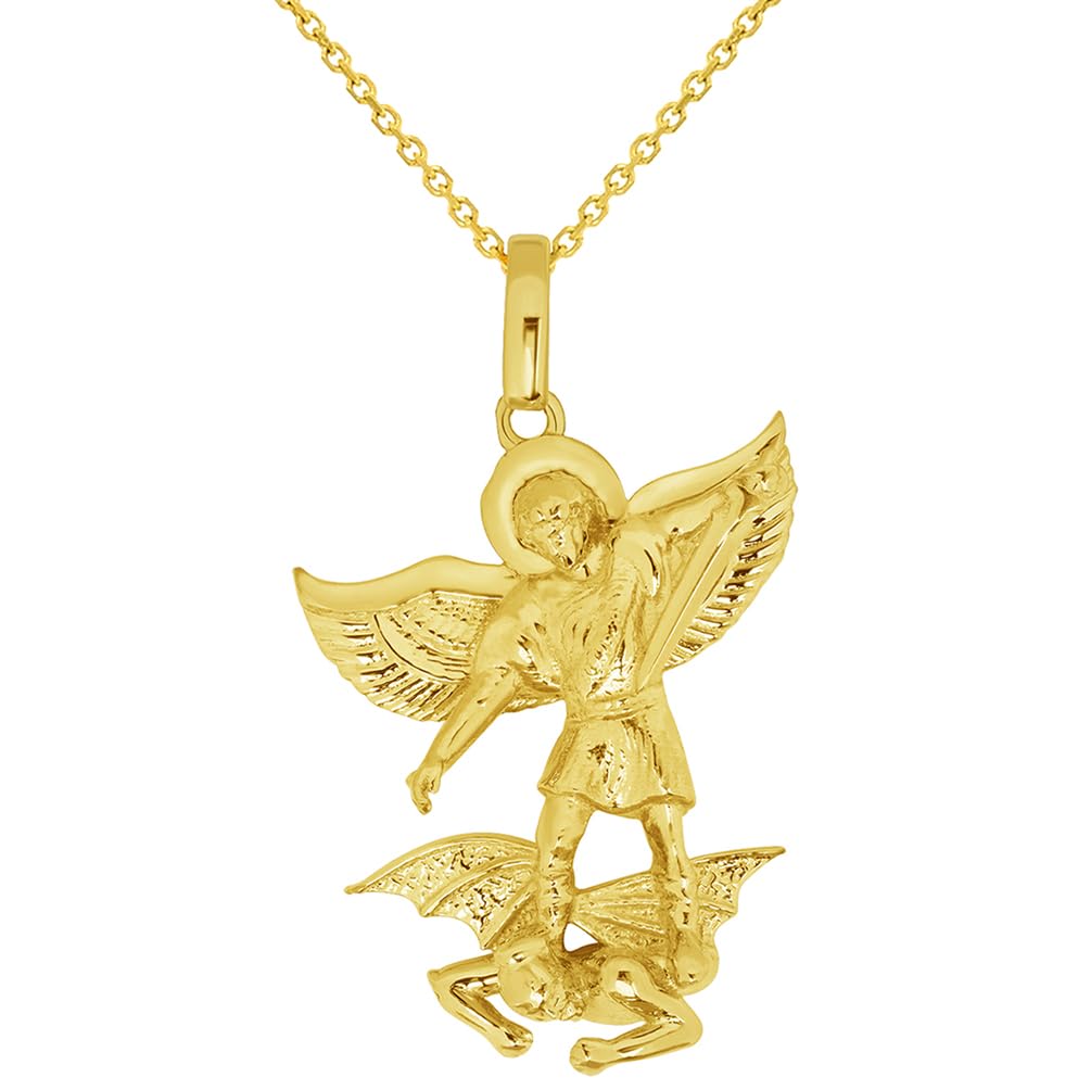 14k Yellow Gold Classic Saint Michael the Archangel Defeating Evil Pendant with Rolo Cable Chain Necklace