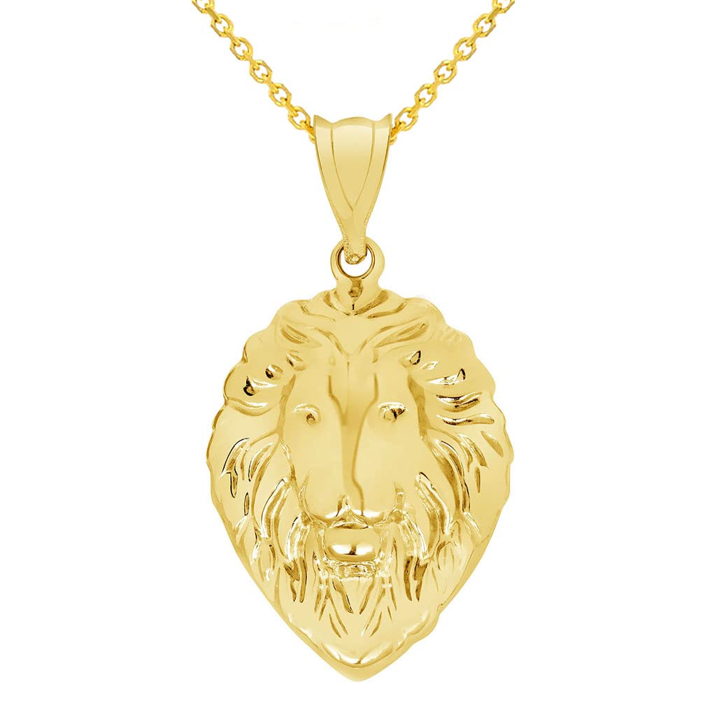 14k Yellow Gold High Polish Lion Head Charm Animal Pendant Necklace