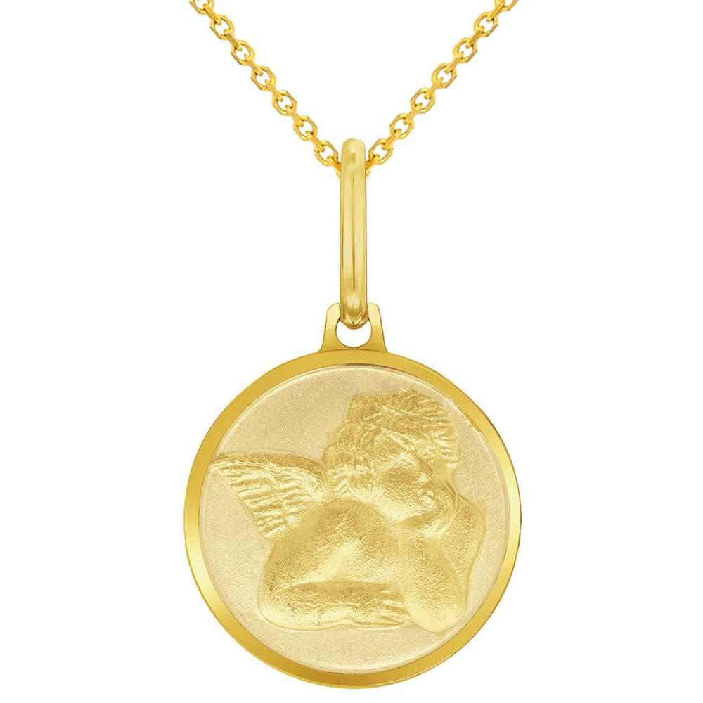 Solid 14k Yellow Gold Round Guardian Angel Medal Charm Pendant Necklace - 3 Sizes