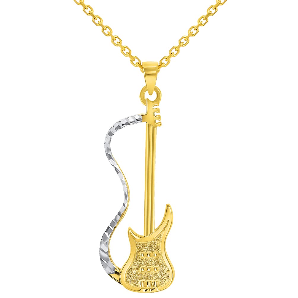Jewelry America Solid 14k Yellow Gold Electric Guitar Two-Tone Musical Instrument Pendant with Cable Chain Necklace