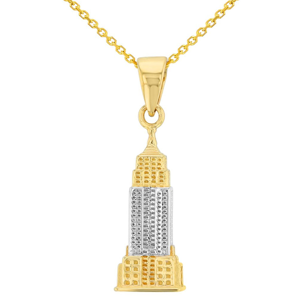 Solid 14K Yellow Gold Empire State Building Pendant with Cable Chain Necklaces