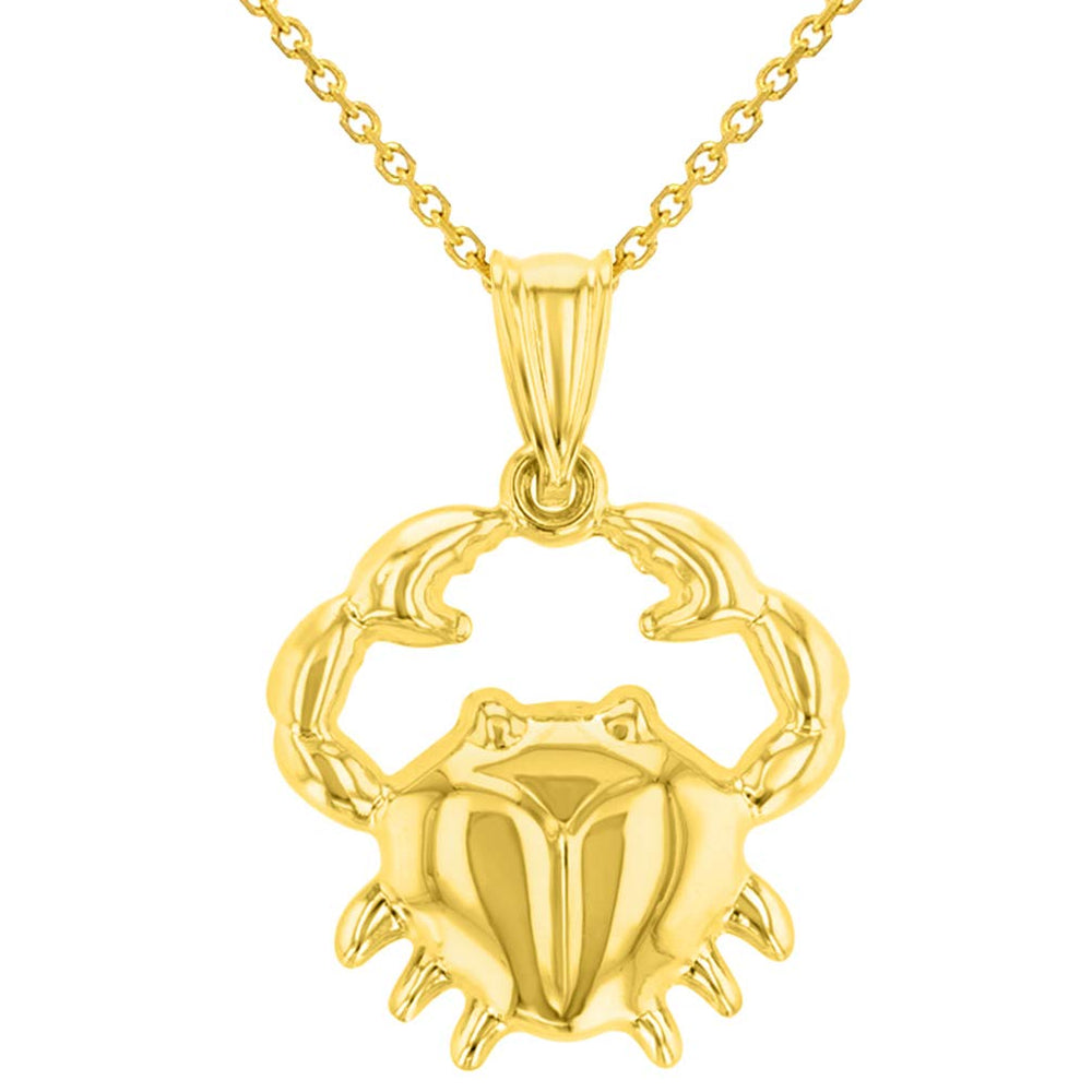 High Polish 14k Yellow Gold 3D Cancer Zodiac Sign Charm Crab Animal Pendant With Cable Chain Necklace