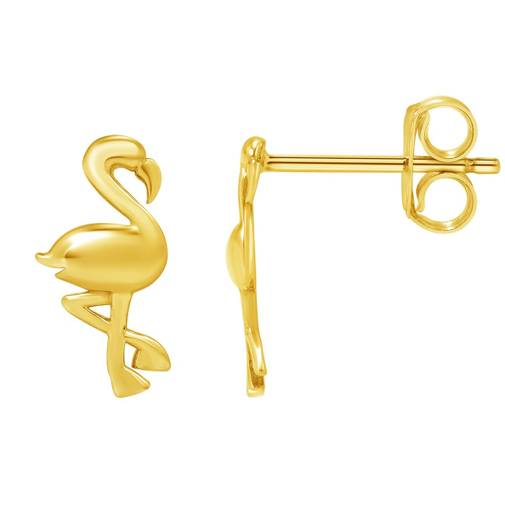 Solid 14k Yellow Gold Flamingo Stud Earrings with Push Back
