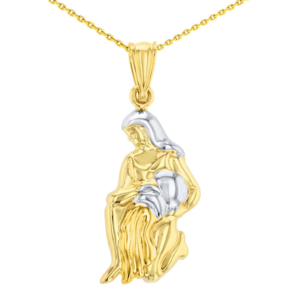 14K Yellow Gold Aquarius Zodiac Sign Charm Pendant with Cable Chain Necklaces