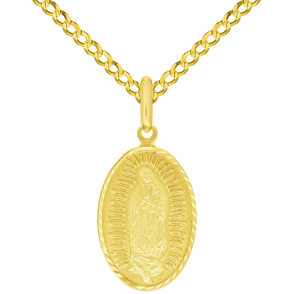 Solid 14k Yellow Gold Our Lady of Guadalupe Oval Pendant Cuban Curb Chain Necklace - 3 Sizes