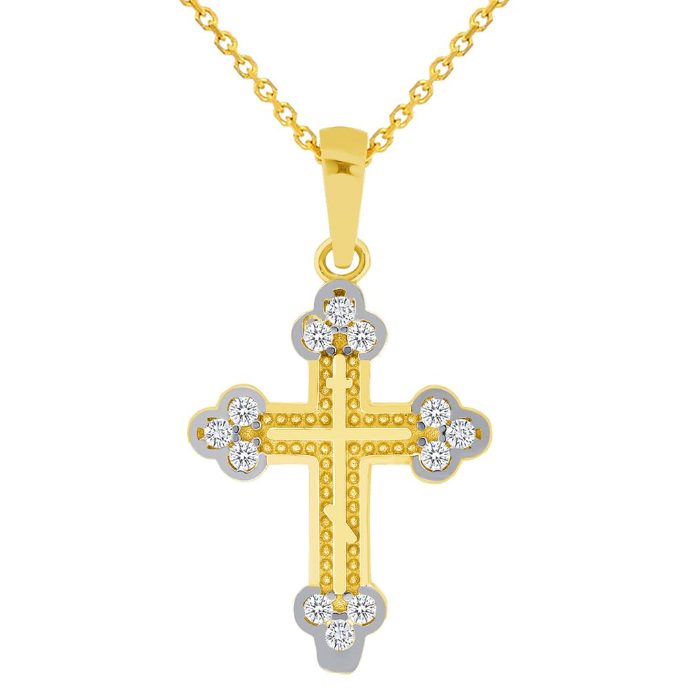 Solid 14k Yellow Gold Small C-Z Eastern Orthodox Cross Charm Pendant with Rolo Cable Chain Necklace