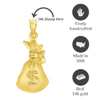 14K Yellow Gold 3D Money Bag Charm Pendant 16 Inches