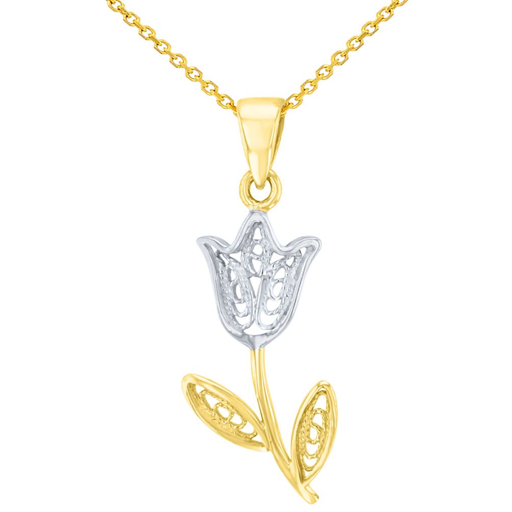 14K Yellow Gold Filigree Tulip Flower Pendant With Cable Chain Necklace