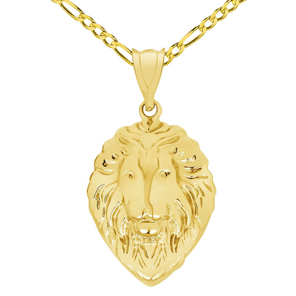 14k Yellow Gold High Polish Lion Head Charm Animal Pendant with Figaro Chain Necklace