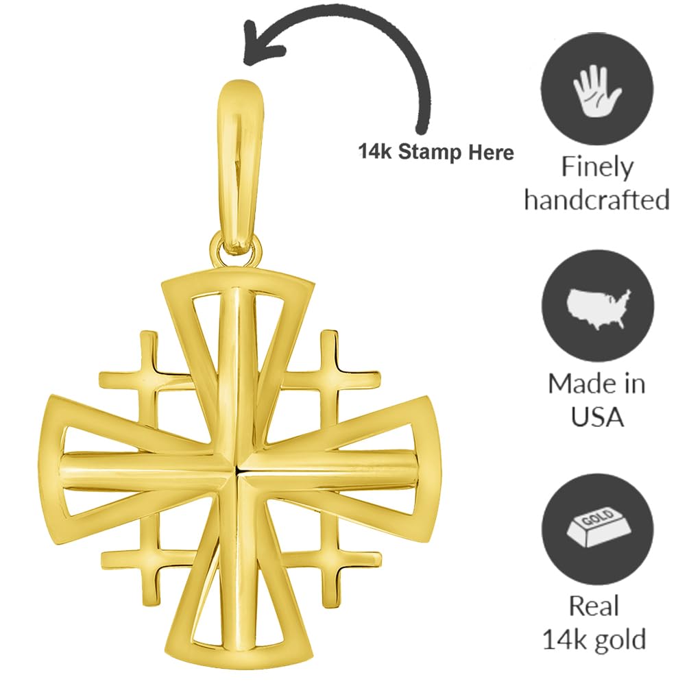14k Yellow Gold Templar Crusaders Jerusalem Cross Pendant – Polished, 1.80 Grams, Made In USA