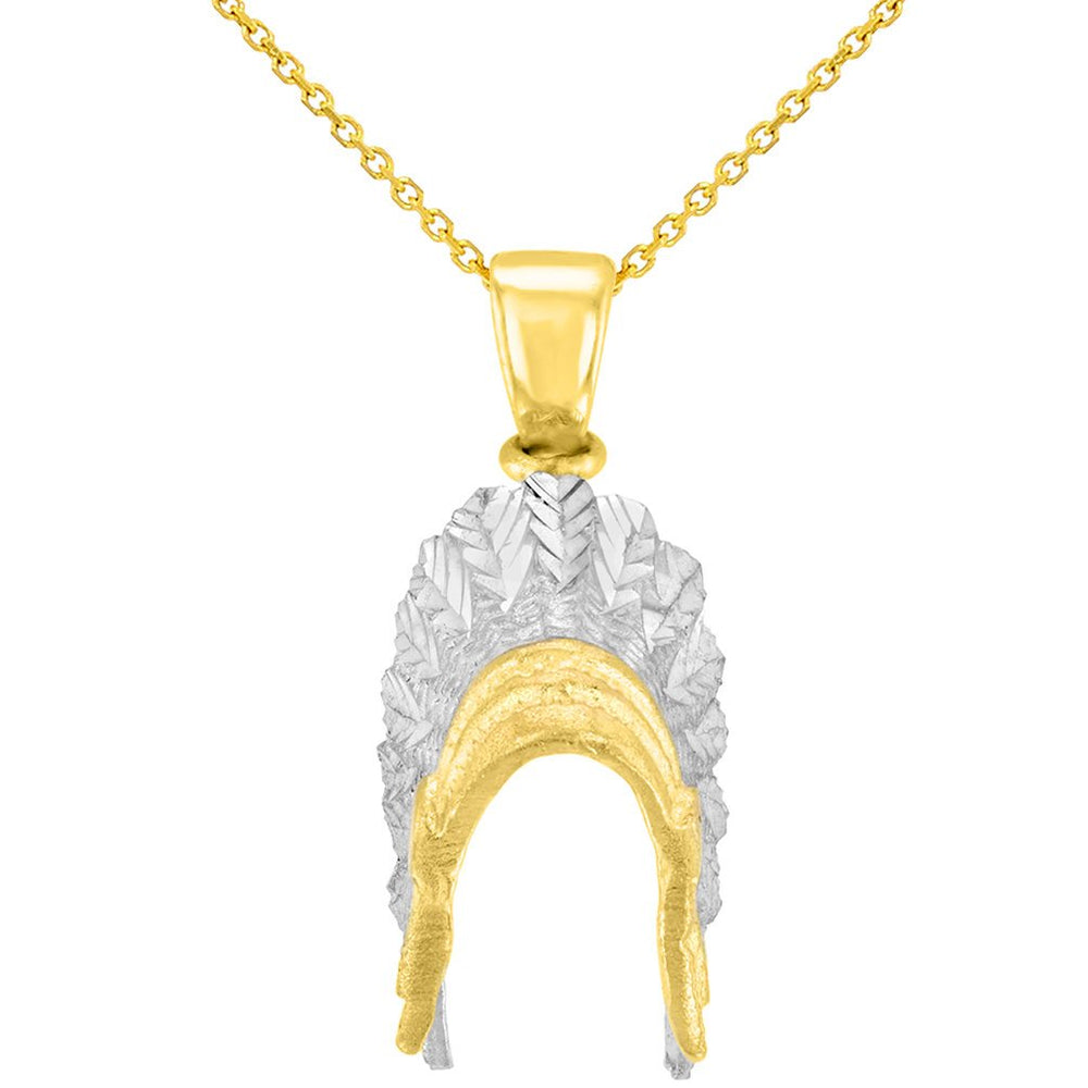 Solid 14K Yellow Gold War Bonnets Charm Native American Pendant with Cable Chain Necklaces