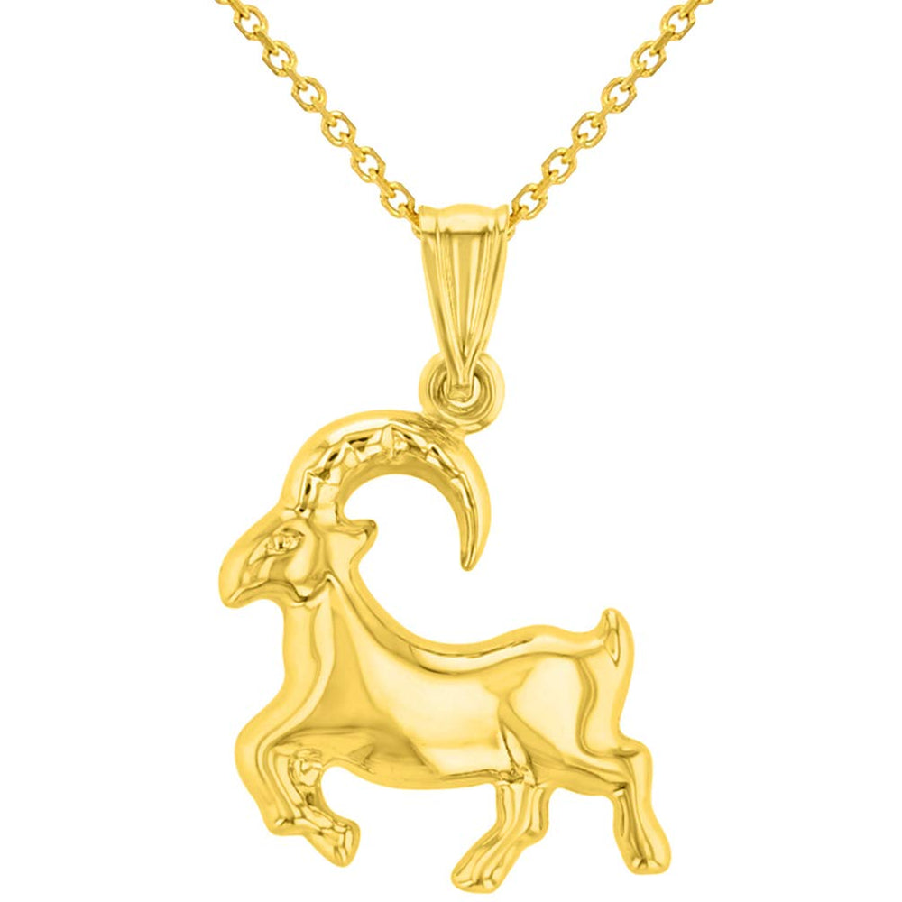 High Polish 14k Yellow Gold 3D Capricorn Zodiac Sign Charm Sea-Goat Animal Pendant With Cable Chain Necklace