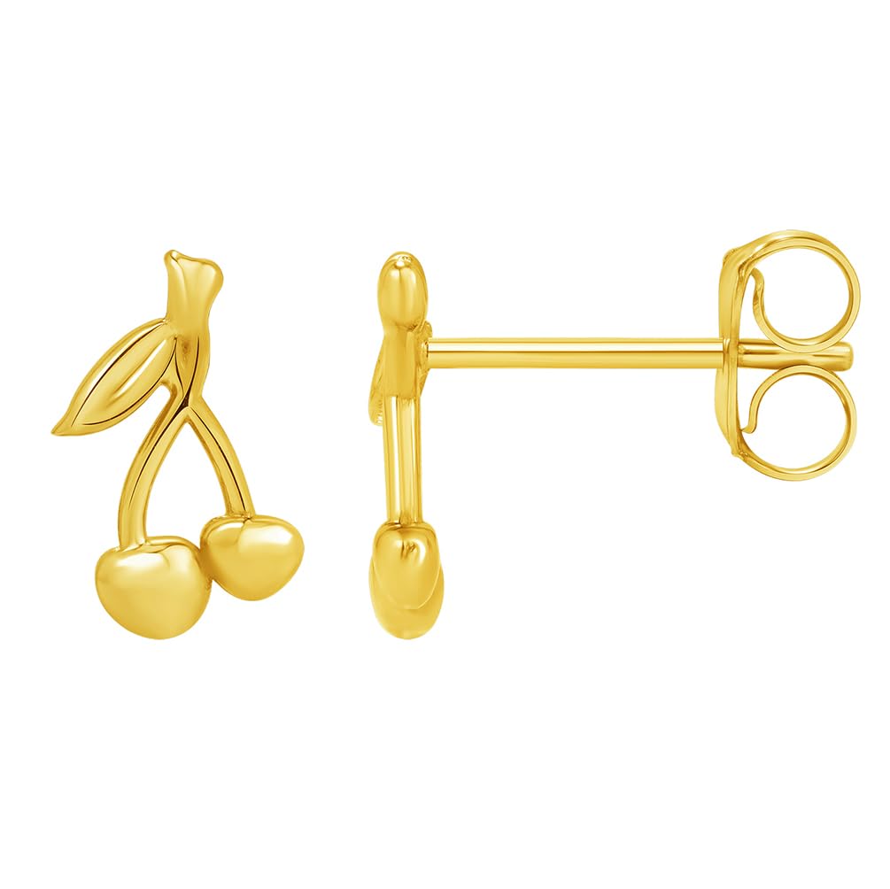 Solid 14k Yellow Gold Cherry Fruit Stud Earrings with Push Back