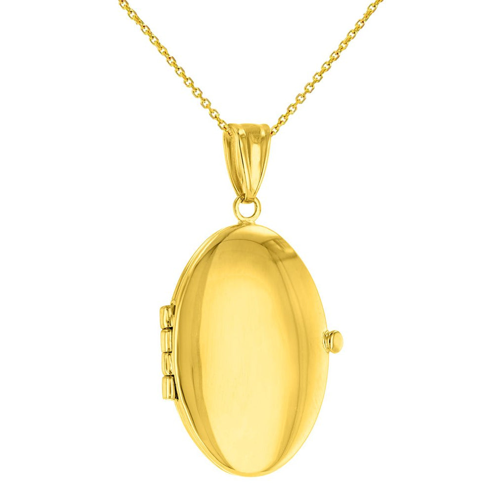 Solid 14K Yellow Gold Oval Locket Charm Pendant with Cable Chain Necklace