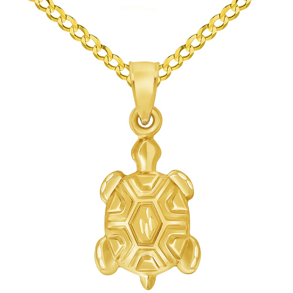 14k Yellow Gold Mini 3D Turtle Charm Pendant with Cuban Curb Chain Necklace