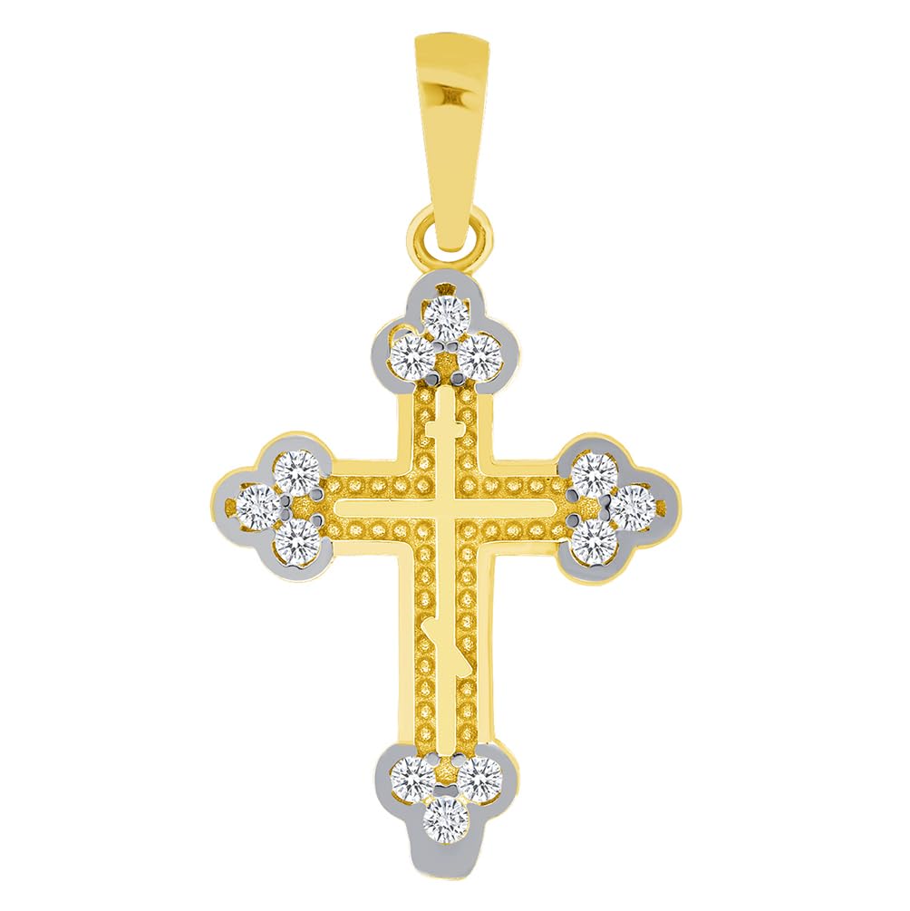Solid 14k Yellow Gold Small Eastern Orthodox Cross Charm Pendant with Cubic Zirconia