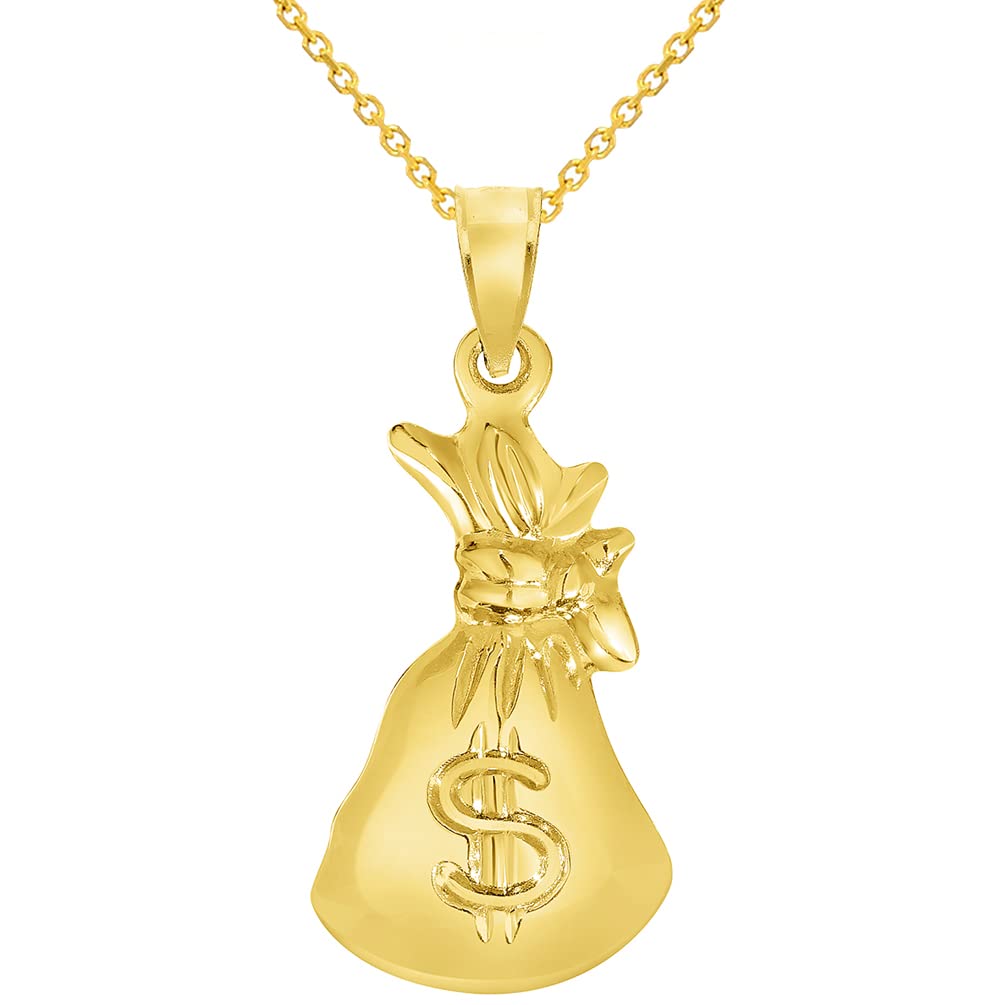 High Polish 14k Yellow Gold 3D Money Bag Charm Pendant Necklace