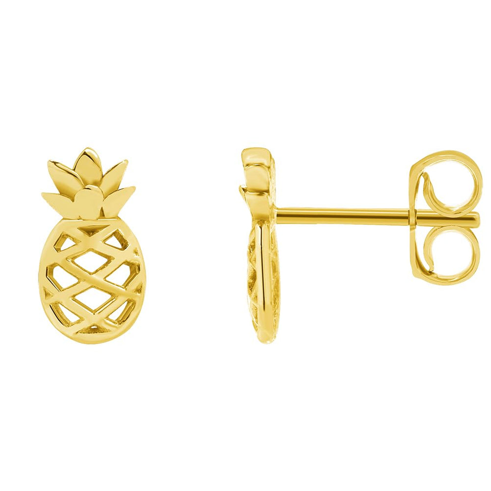Solid 14k Yellow Gold Pineapple Fruit Stud Earrings with Push Back