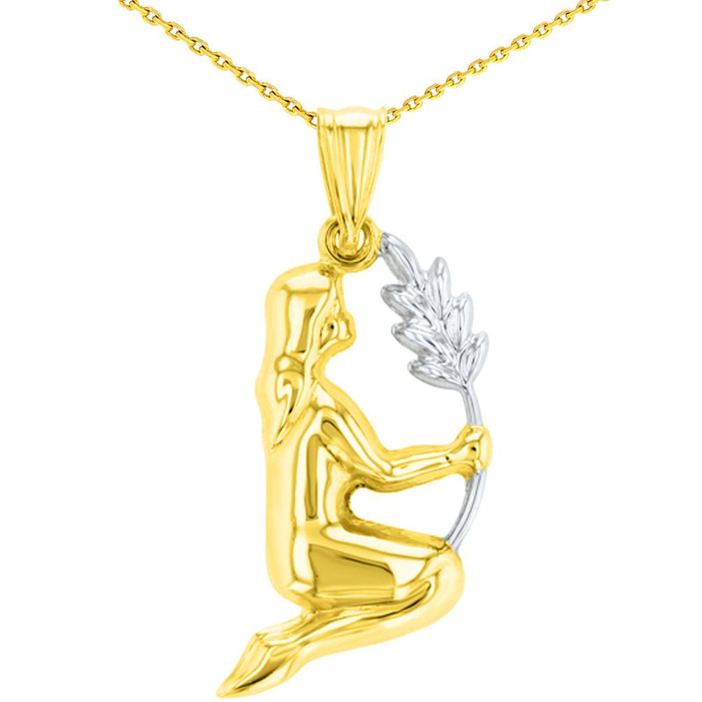 High Polish 14K Yellow Gold Virgo Maiden Holding Wheat Zodiac Sign Charm Pendant With Cable Chain Necklace