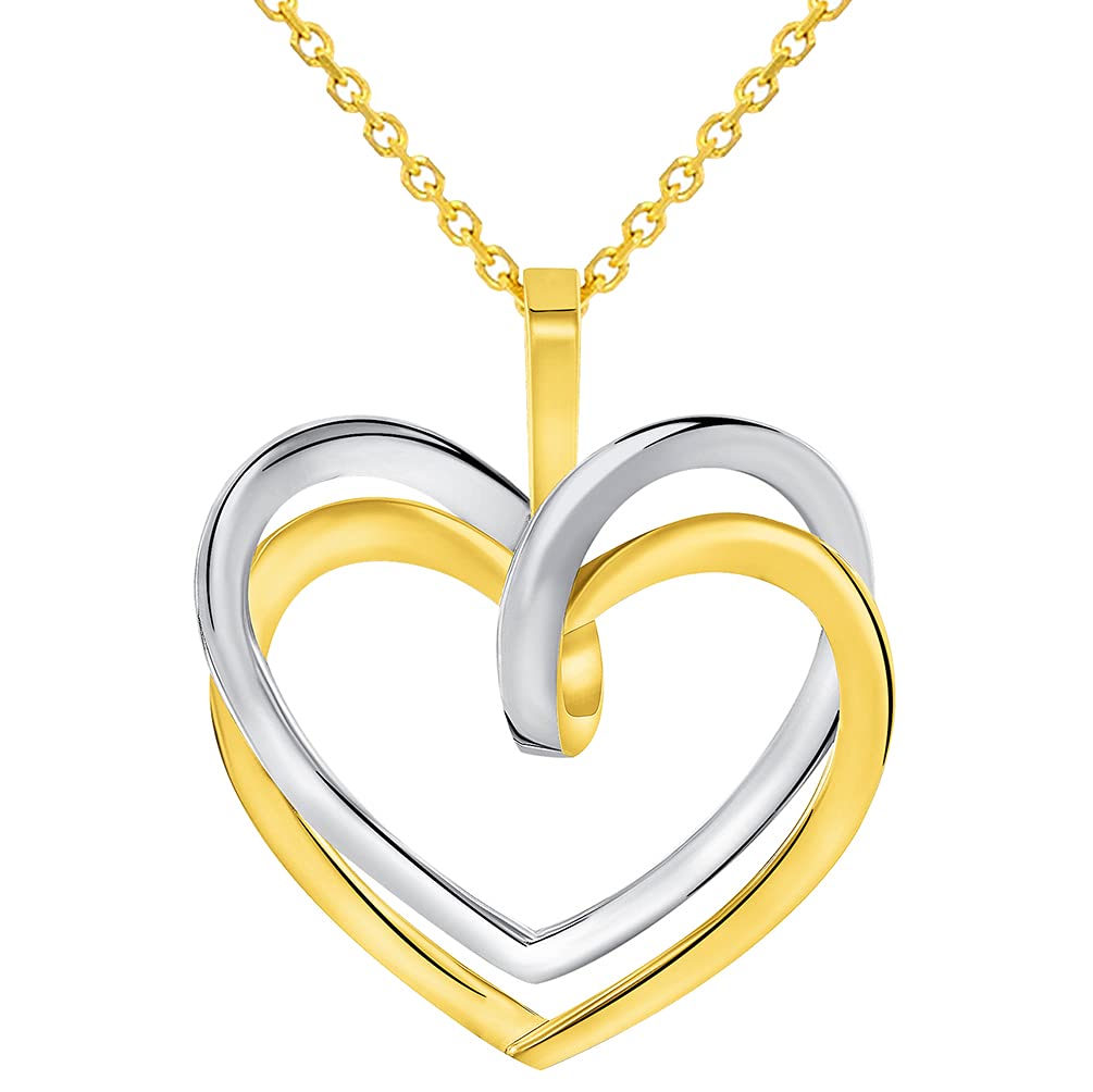 14k Two-Tone Gold Elegant Double Open Heart Pendant with Cable Chain Necklace