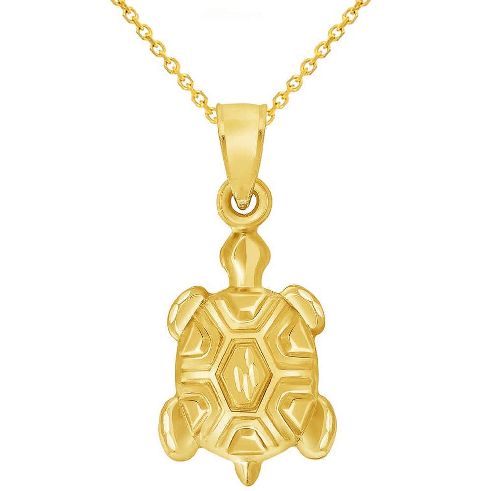 14k Yellow Gold Mini 3D Turtle Charm Pendant Necklace