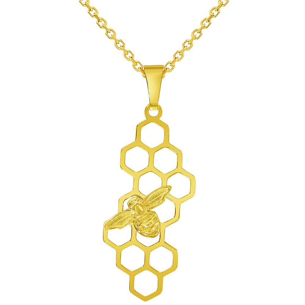 Jewelry America 14k Yellow Gold Honey Bee On Honeycomb Pendant With Cable Chain Necklace