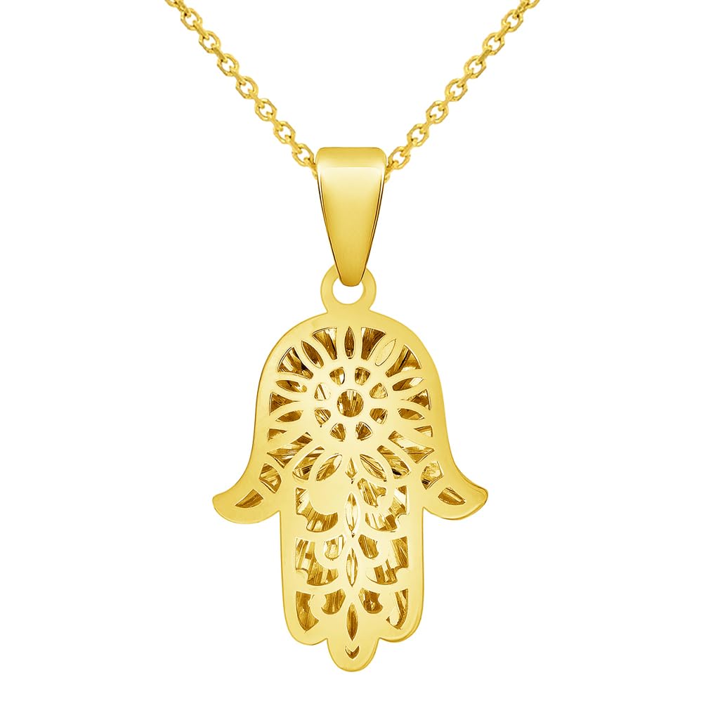 14k Yellow Gold Textured and High Polished 3D Hamsa Hand Charm Pendant with Cable Chain Necklaces