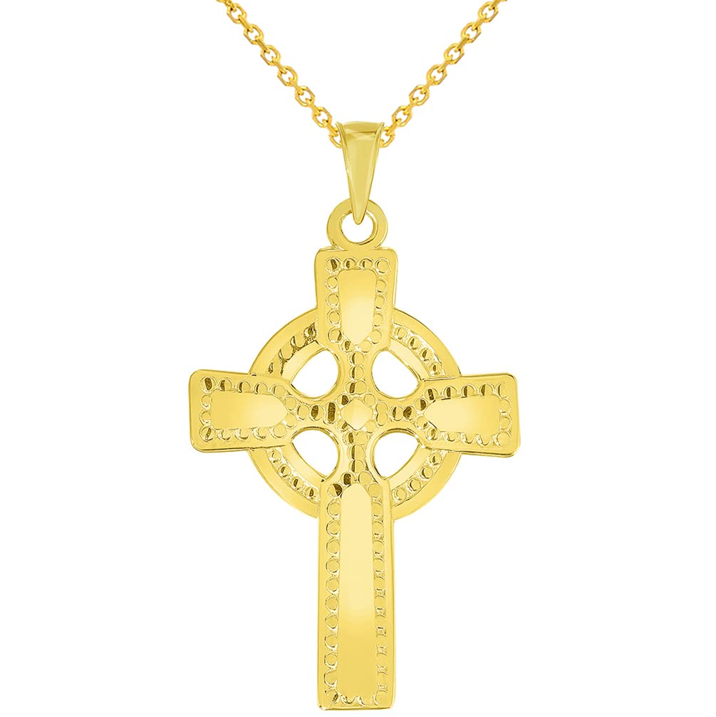 Solid 14k Yellow Gold Religious Celtic Cross Pendant Necklace