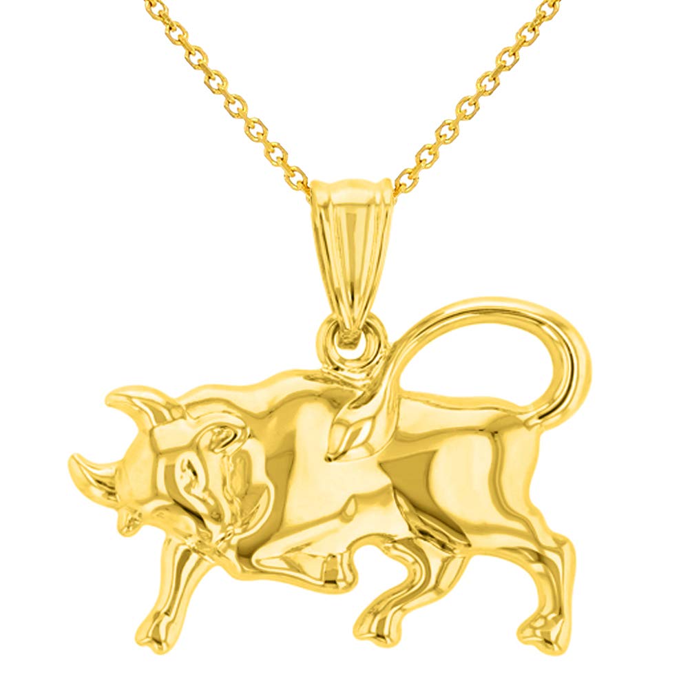 High Polish 14k Yellow Gold 3D Taurus Zodiac Sign Bull Animal Pendant With Cable Chain Necklace