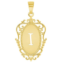 Load image into Gallery viewer, 14k Yellow Gold Elegant Filigree Oval Uppercase Initial Script Letter Plate Pendant - A to Z
