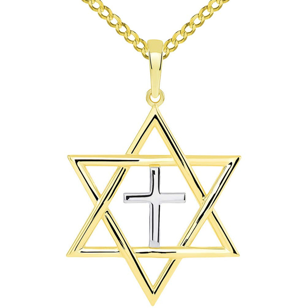 14k Yellow Gold Large Jewish Star of David with Religious Cross Judeo Christian Pendant Cuban Necklace