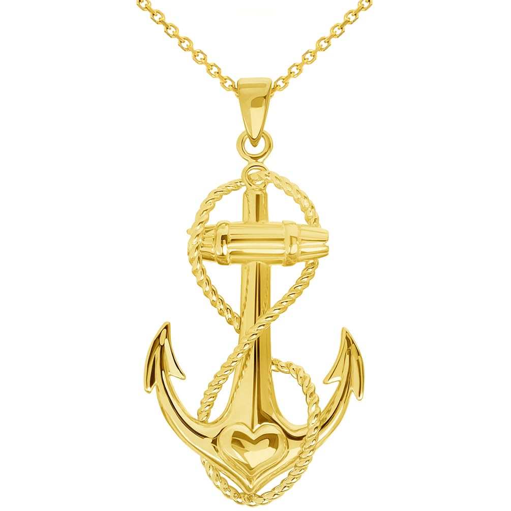 14k Yellow Gold Infinity Anchor Heart Pendant with Cable, Cuban Curb, or Figaro Chain Necklaces