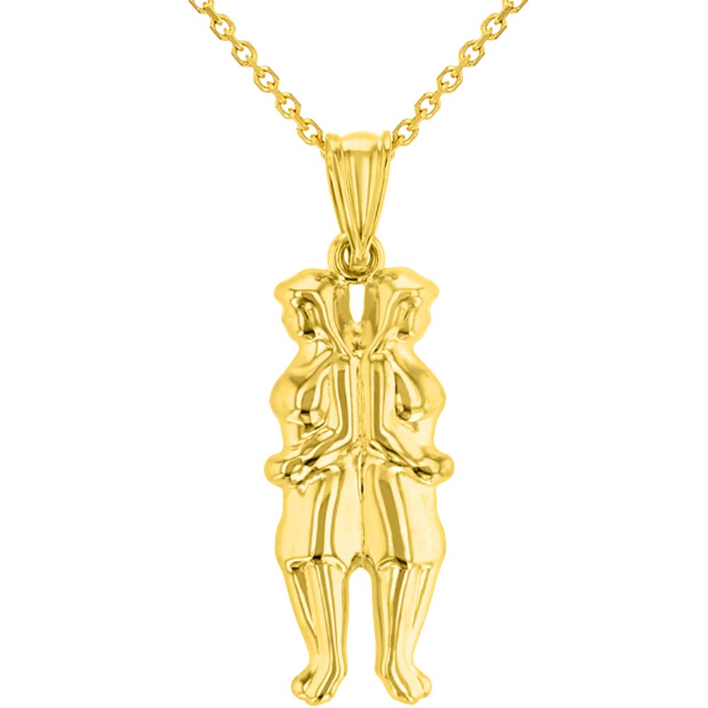 High Polish 14k Yellow Gold 3D Gemini Twins Zodiac Sign Pendant With Cable, Curb or Figaro Chain Necklace