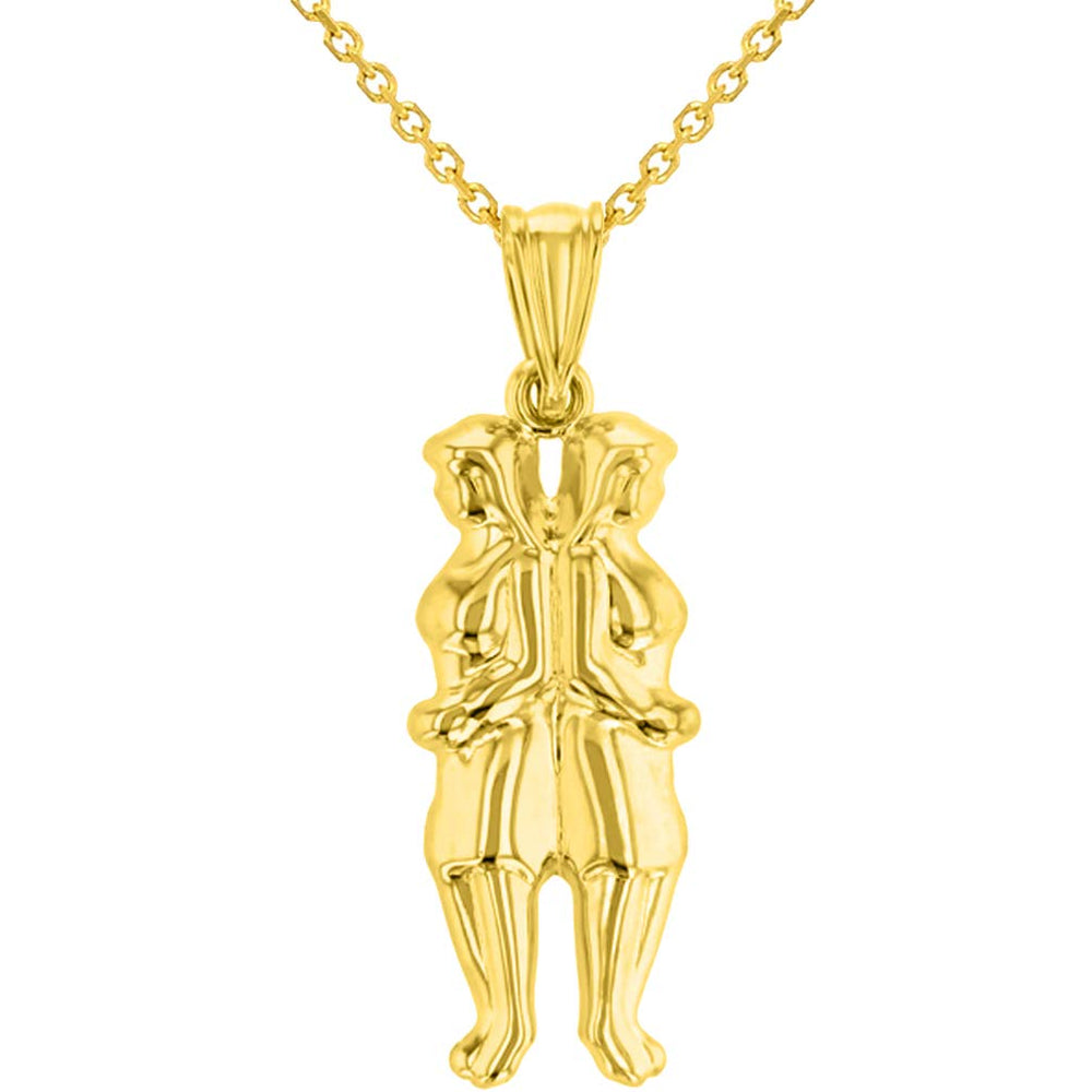 High Polish 14k Yellow Gold 3D Gemini Twins Zodiac Sign Pendant With Cable Chain Necklace