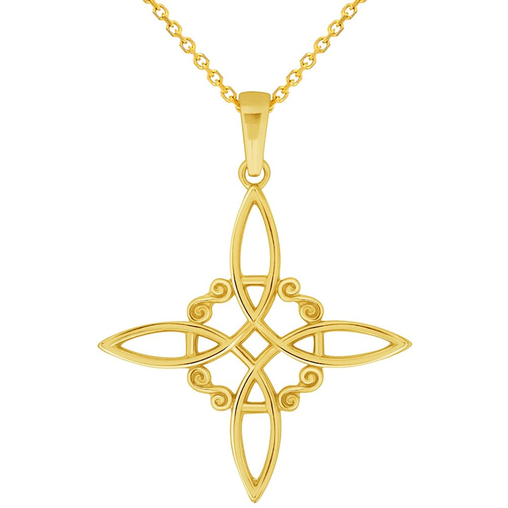 14k Yellow Gold Witch's Knot Cross Wiccan Symbol Pendant with Rolo Cable Chain Necklace