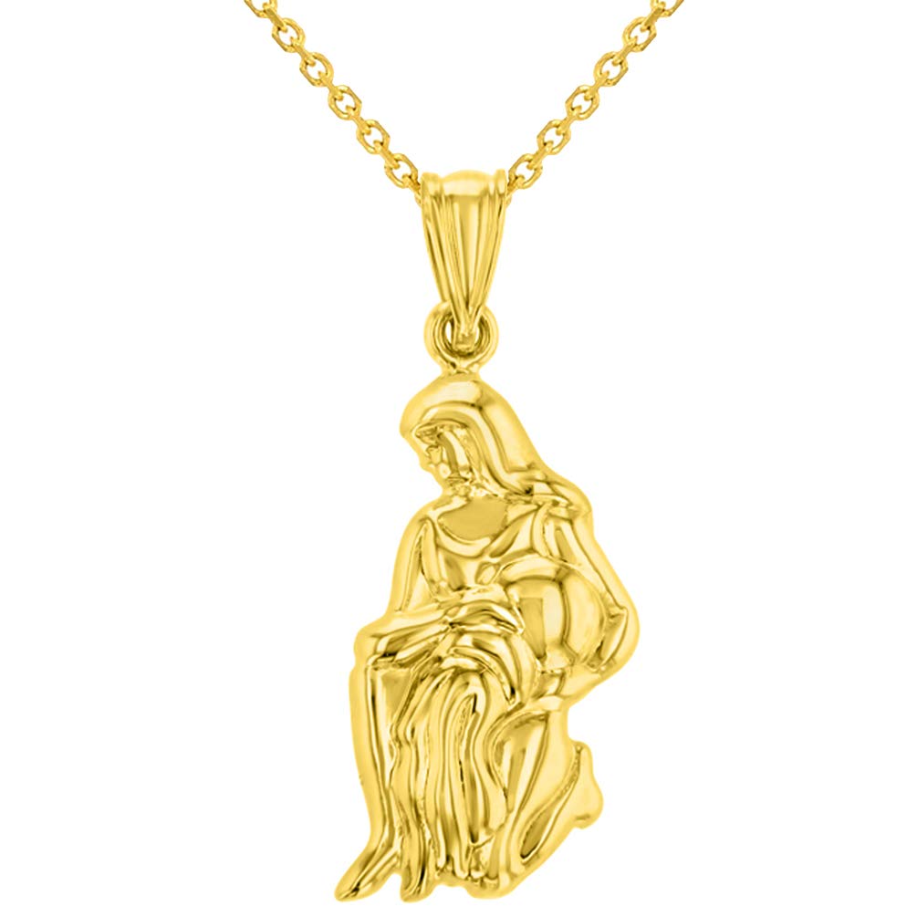 High Polish 14k Yellow Gold 3D Aquarius Water-Bearer Zodiac Sign Charm Pendant With Cable Chain Necklace