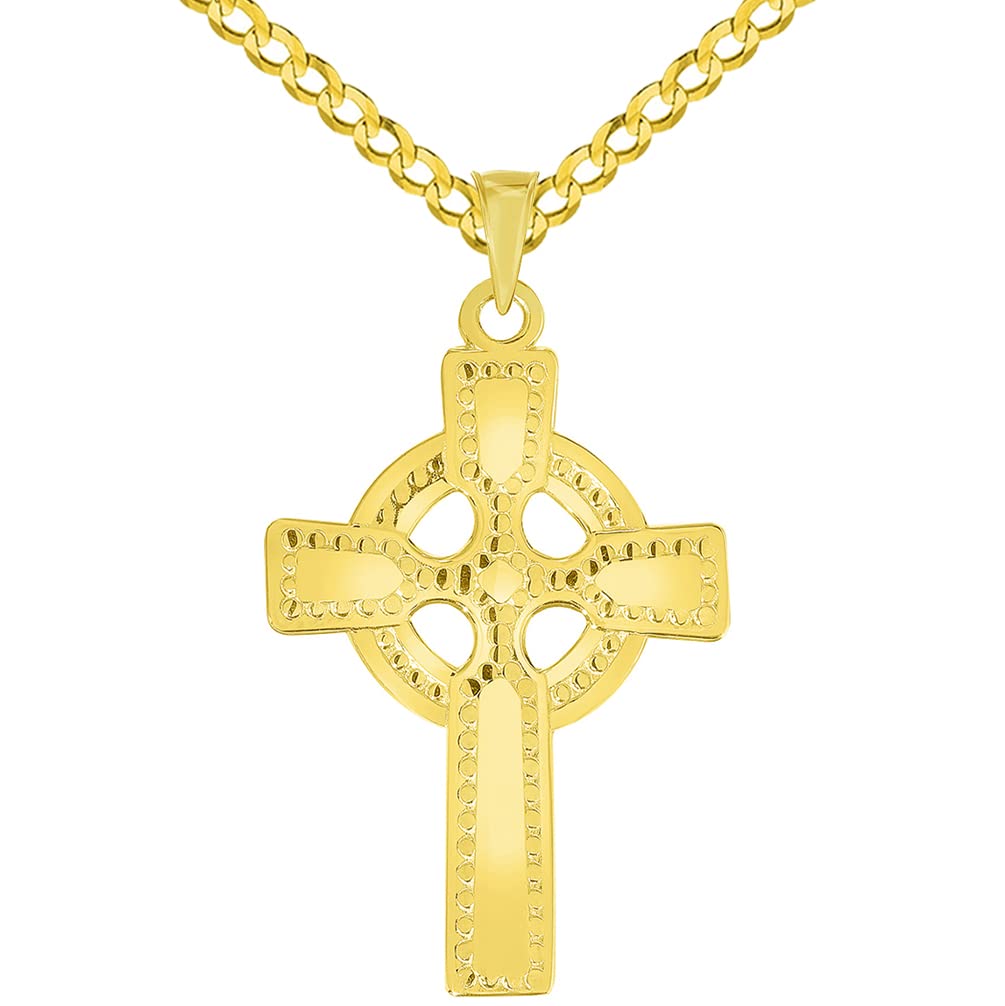 Solid 14k Yellow Gold Religious Celtic Cross Pendant with Cuban Curb Chain Necklace