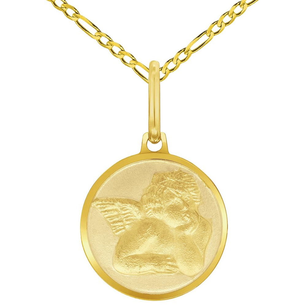 Solid 14k Yellow Gold Round Guardian Angel Medal Charm Pendant Necklace with Figaro Link Chain- 3 Sizes