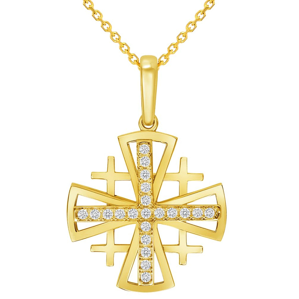 14k Yellow Gold Cubic-Zirconia Christian Crusaders Jerusalem Cross Pendant with Rolo Cable Chain Necklace